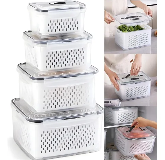 Kit 4 Potes Herméticos Com Trava E Cesto Removível Geladeira Branco