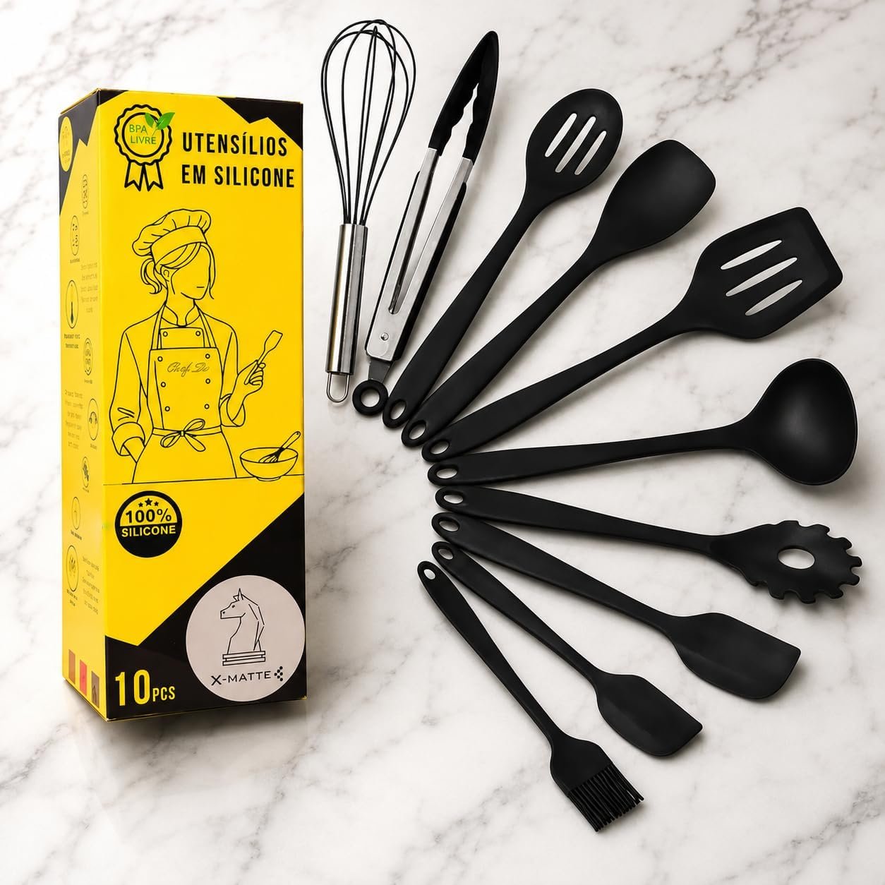 Conjunto PRETO Utensílios Jogo Kit Profissional 10 Peças Cozinha Silicone