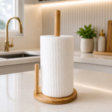 Suporte Porta Rolo de Papel Toalha de Bambu