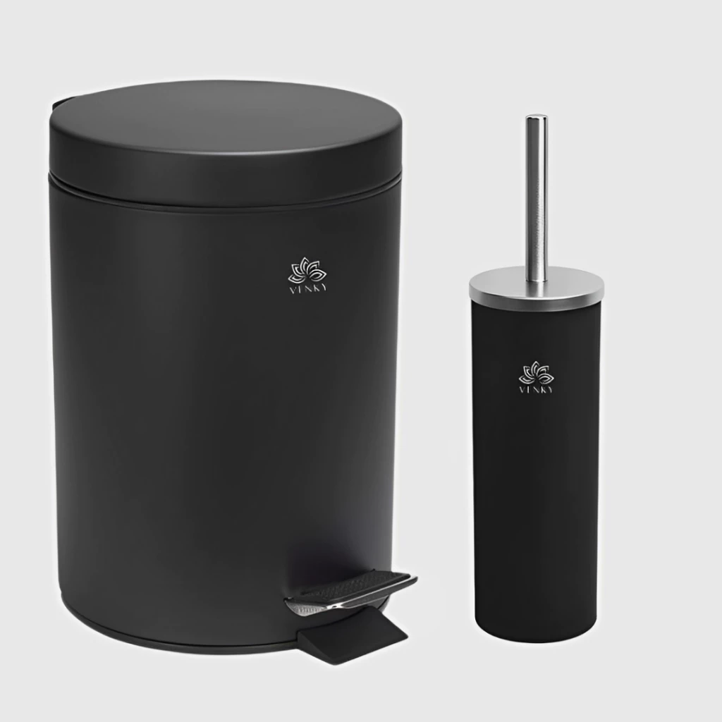 Kit Lixeira Inox 5 litros e Escova Sanitária Preto Banheiro ou Escritório Luxo Preta com Pedal 5l